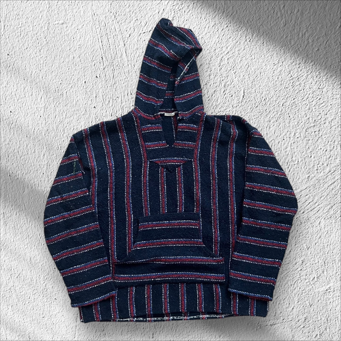 Vintage Mexican Baja Striped Drug Rug Hoodie - Navy & Red - Size Large