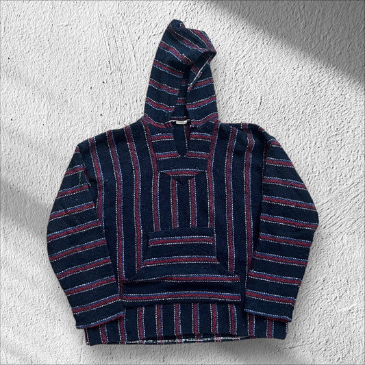 Vintage Mexican Baja Striped Drug Rug Hoodie - Navy & Red - Size Large