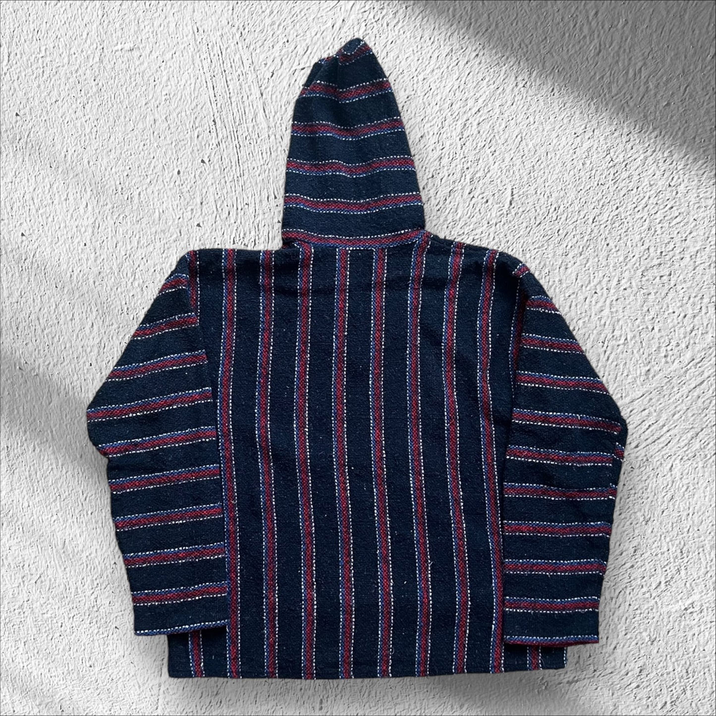 Vintage Mexican Baja Striped Drug Rug Hoodie - Navy & Red - Size Large