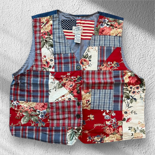 Vintage Koret City Blues Women’s Patchwork Vest – Multicolor, Large, Retro 90s Style