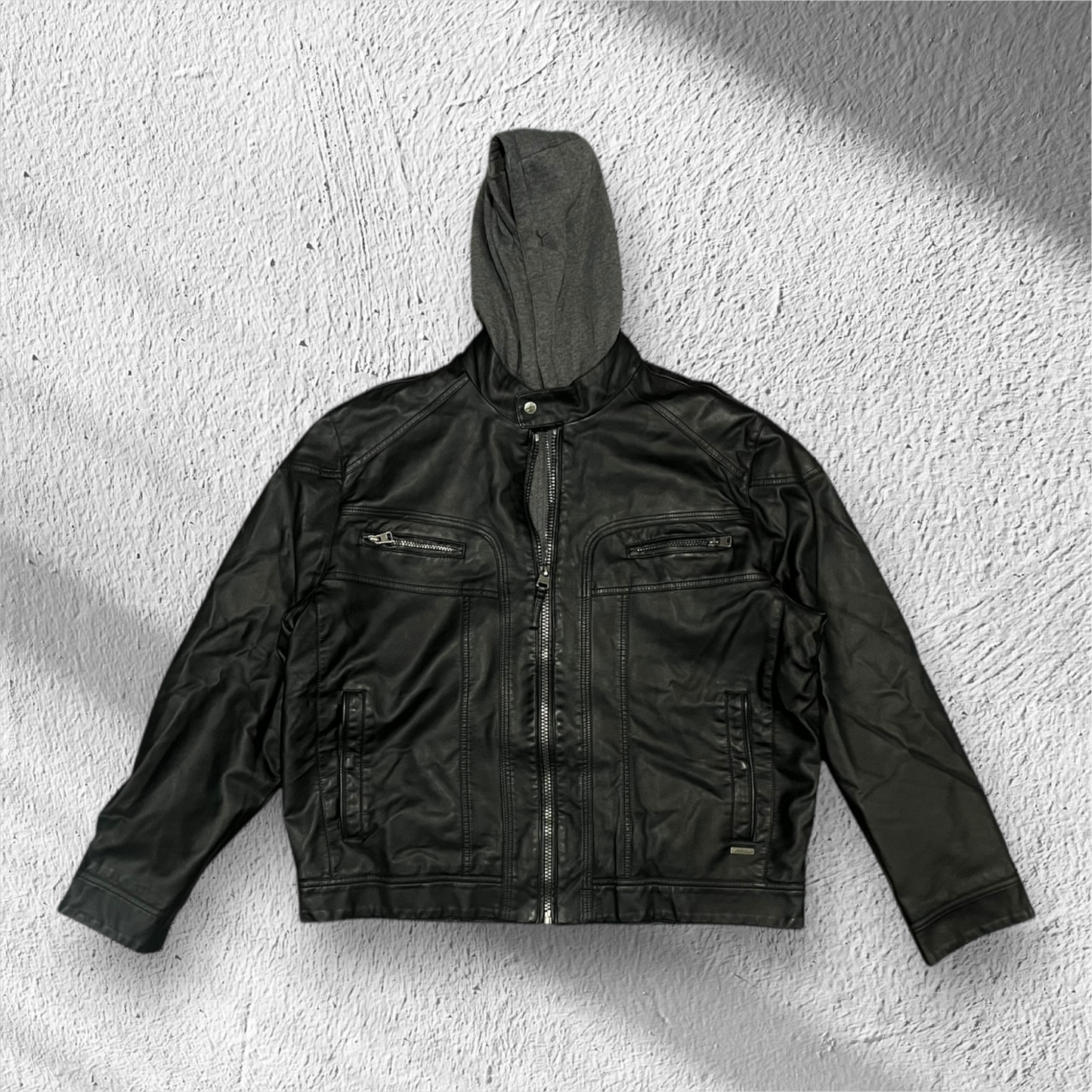 Calvin Klein Black Leather Jacket w/ Hoodie – Size XL