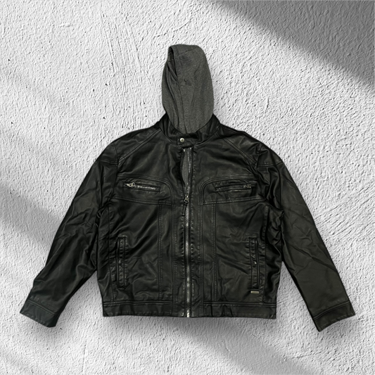 Calvin Klein Black Leather Jacket w/ Hoodie – Size XL