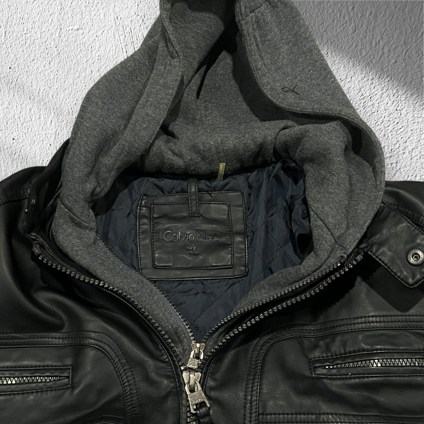 Calvin Klein Black Leather Jacket w/ Hoodie – Size XL